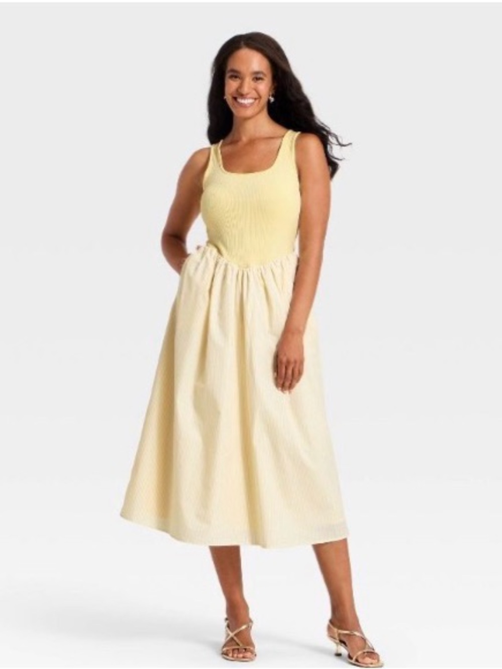 a new day Pale Yellow Ribbed Tank Midi Dress